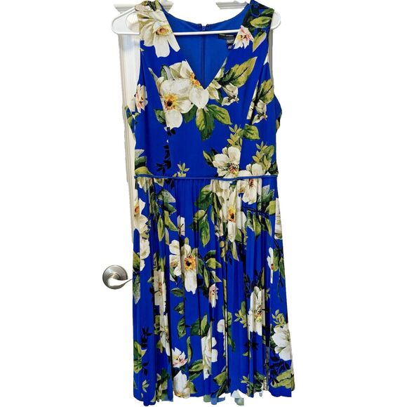 Maggy London Sleeveless Hawaiian Tropical Floral Dress Size 14 Blue Pleated - Picture 1 of 6